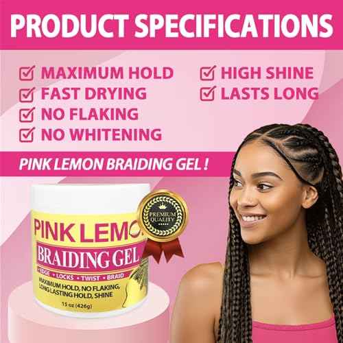 PINK LEMON Braiding Gel- Maximum Hold, No Flaking, Long Lasting Hold, High Shine. For Micro, Inter, Dread, Faux, Loc, Twist, Braid, Edge. (15 oz)
