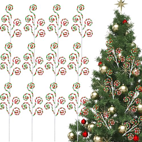 Gerrii 16 Inch Red White Green Christmas Tree Picks Decoration Candy Cane Woolen Bells Curly Pick Lollipop Large for Xmas Tree Topper Decor Vase Filler Craft Wreath Holiday Party Ornament (12 Pcs)