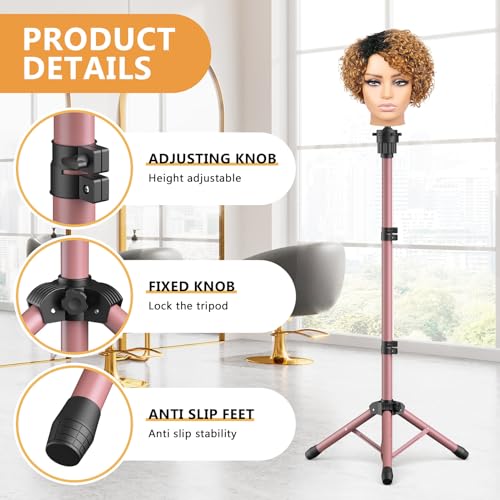 Pink Adjustable Wig Head Stand 50 Inch Tripod for Salon & Styling
