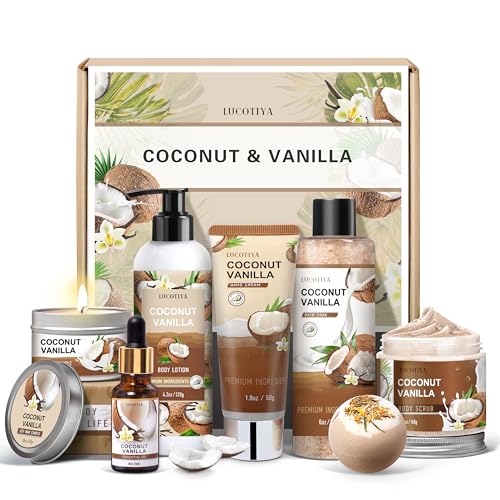 Coconut Vanilla Spa Gift Basket Set for Women - 8 Piece