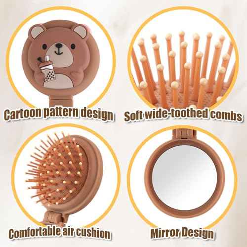 Mini travel hair brush for kids, Round Folding Pocket Mirror small toddler Hair Brush for Boys and Girls,Baby hair detangling brush Massage Hair Brush with Air Cushion for Thick Hair(Brown)