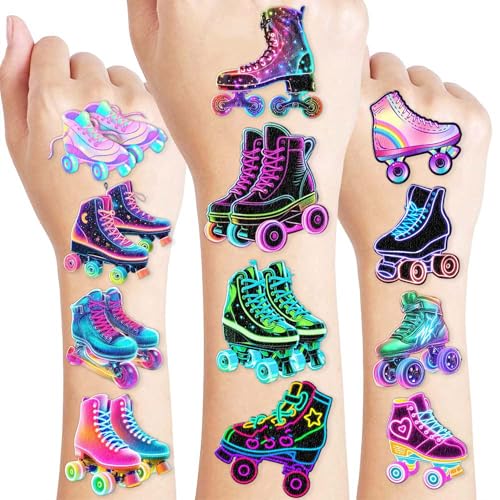 8 Sheets (96PCS) Neon Roller Skate Temporary Tattoos 80s 90s Theme Birthday Party Decorations Supplies Favors Stickers for Kids Girls Boys Gifts Classroom School Prizes Rewards