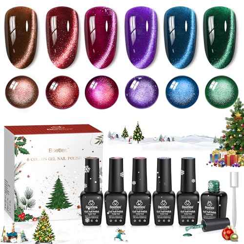 Beetles Velvet Starlight Cat Eye Gel Nail Polish Set, 6 Colors Christmas Gel Nail Kit Glitter Red Green Pink Shiny Brown Burgundy Purple Blue Magnetic Effect Soak Off UV Manicure Gifts for Women