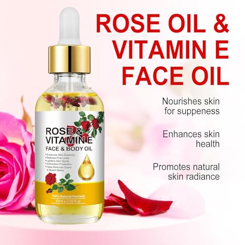 Vitamin E Face Oil,Rose Vitamin E Oil with Gua Sha Massage Tools for Face & Body,Organic Rose Oil for Moisturizing and Hydrating-2.02 fl.oz