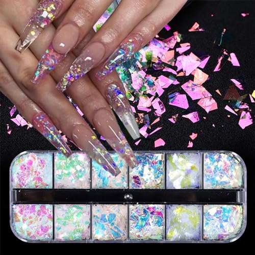 12Grids Nail Art Glitter Sequins Irregular Colorful Fluorescent Glass Sequins for Acrylic Nail，Holographic Nail Glitter Supplies for Face Make-up Decor Manicure Tips Make Up DIY Nail Decoration