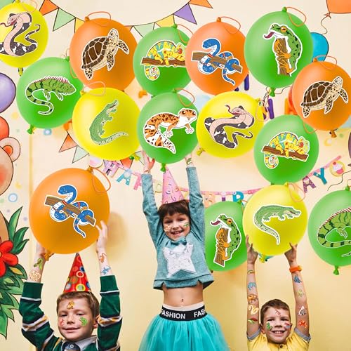72 PCS Reptile Party Favors for Kids ? 48 Pre-Cut Temporary Tattoos & 24 Reptile Punch Balloons Themed Birthday Party Decorations Supplies Favors Gifts, Goodie Bag Fillers, Classroom Rewards