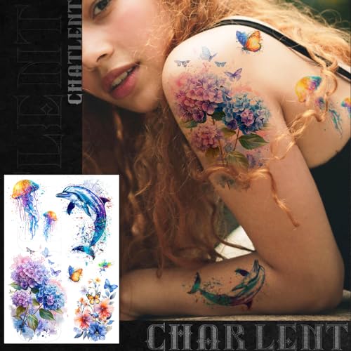 3D Watercolor Temporary Tattoos - 9 Sheets Realistic Flower & Animal Designs