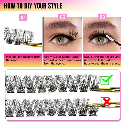 Lash Clusters 72Pcs Cluster Lashes D Curl Cluster Eyelash Extensions Mix10-16mm Individual Eyelashes Clusters Wispy DIY Eyelash Extension Thin Band For Makeup at Home by W(Babe-D-12mm£©