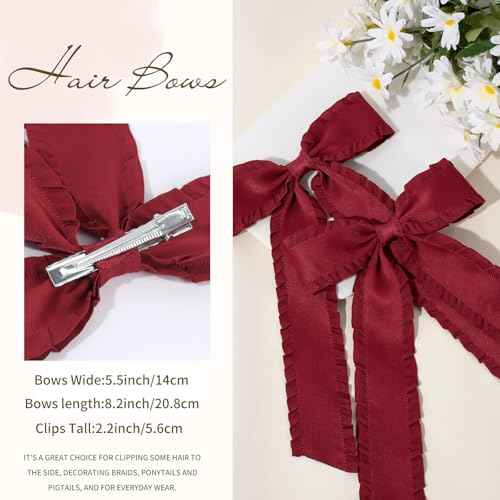 VOBOBE 2PCS Hair Bows for Women Girls, Red Tassel Hair Ribbon Bowknot Hair Clips Barrettes Hair Accessories for Girl with Long Tail (Red)