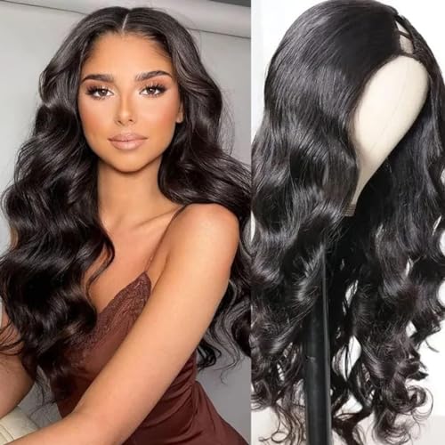 Wavy V Part Wig Wear And Go Glueless Upgrade U Part Wig Body Wave Natural Black Synthtic Hair Soft As Human Hair Half Wigs For Black Women 180% Density (Natural Color, 24 Inch)