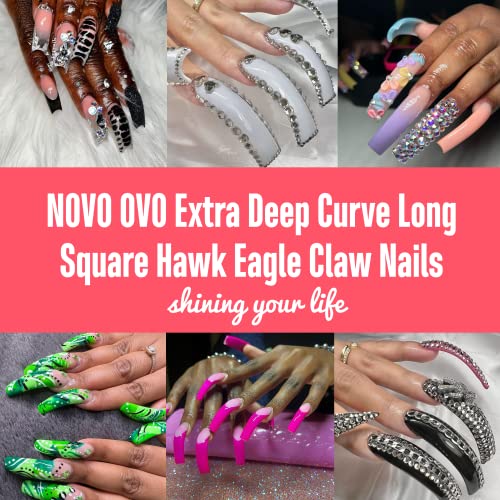 NOVO OVO 500 pcs Hawk Curved Natural Extra Super Extreme Deep Curve Half Cover Medium/Long Tapered Square Eagle Claw False Nail Extension Tips Acrylic Nail 10 Sizes Box Packaging for Halloween