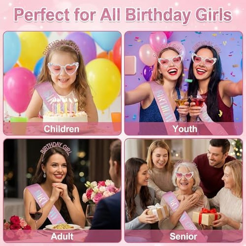 Birthday Girl Sash, Crown & Sunglasses Set - Pink Princess Tiara