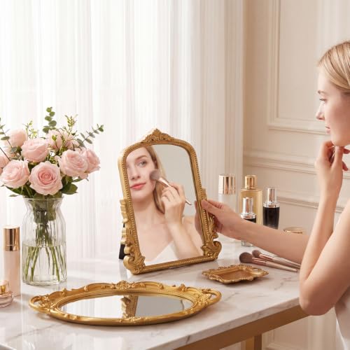 Vintage Gold Mirror & Jewelry Tray Set - 3 Piece