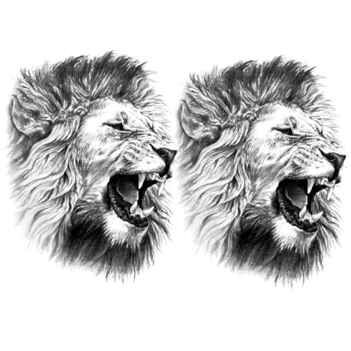 2 Sheets Realistic Animal Large Temporary Tattoos Stickers Sketch Lifelike Lion Roar Designs For Men Waterproof Arm Leg Fake Body Art, Gym & Parties Bold Masculine Decals