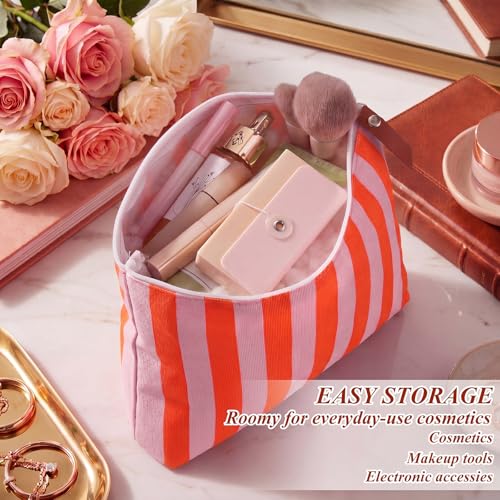 12 Pack Pink and Orange Striped Canvas Makeup Bags