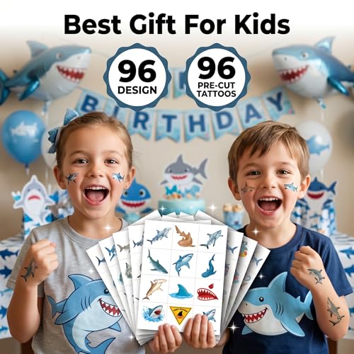 96 Shark Temporary Tattoos for Kids - Ocean Party Favors