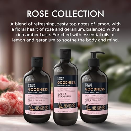 Baylis & Harding Goodness Rose & Geranium Natural Body Wash 16.9 fl. oz (Pack of 3) - Biodegradable Formula - Vegan Friendly