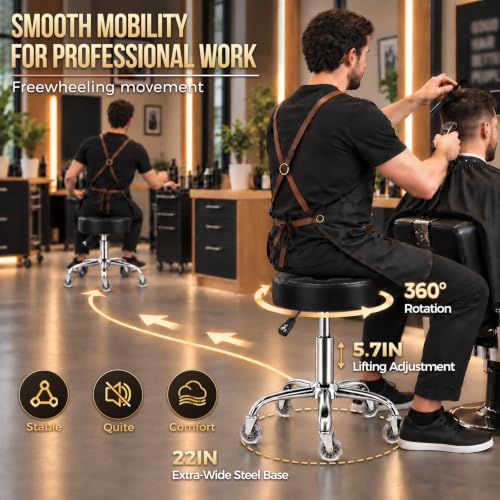 Heavy Duty Adjustable Rolling Stool with 450lb Capacity, Cushioned Seat