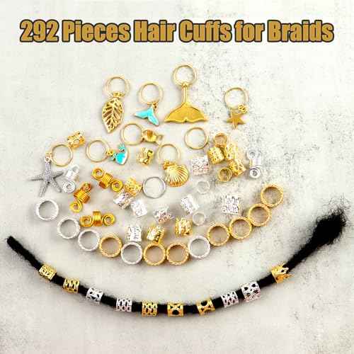 Coriario 292 Pcs Gold Silver Hair Jewelry for Braids Hair Charms Accessories Loc Jewelry Rings Cuffs Pendants Decorations for Women Men Braids Locs Dread