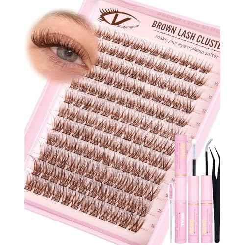 Brown Wispy Lash Clusters Kit Natural Eyelashes Clusters Kit Cluster Eyelash Extensions 10-16mm C Curl Cluster Lashes DIY Eyelash Clusters Waterproof Individual Lash Extension Kit with Brush