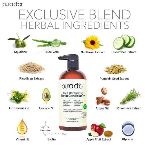 PURA D'OR Deep Moisturizing Biotin Conditioner Thickens, Softens, & Moisturizes Dry, Frizzy, Damaged Hair w/Argan Oil, Pumpkin, Rosemary, Honeysuckle, Vitamin E, Men & Women, 16oz