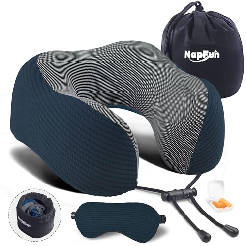 napfun Neck Pillow for Traveling, Upgraded Travel Neck Pillow for Airplane 100% Pure Memory Foam Travel Pillow for Flight Headrest Sleep, Portable Plane Accessories, Deep Blue Set, Medium (120-200LB)