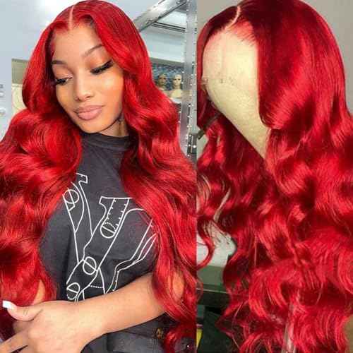 Ice Pear 30 Inch Red Hair Wig Pre Plucked 13x6 Body Wave Wigs Human Hair, 200% Density 13x6 Colored Wigs for Women,Red Glueless Wig Bleached Knots with Baby Hair