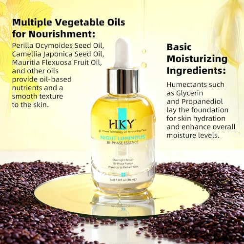 HKY Night Luminous Bi-Phase Essence - Probiotic Face Serum with Lactobacillus & Centella - Overnight Repair Ampoule for Glowing Skin - Hydrating Oil-Infused Formula for Dry & Dull Skin