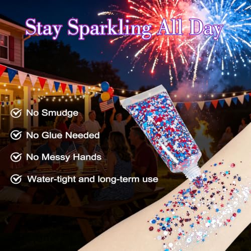 3-Pack Patriotic Body Glitter Stick, Red White Blue Self-Adhesive Makeup