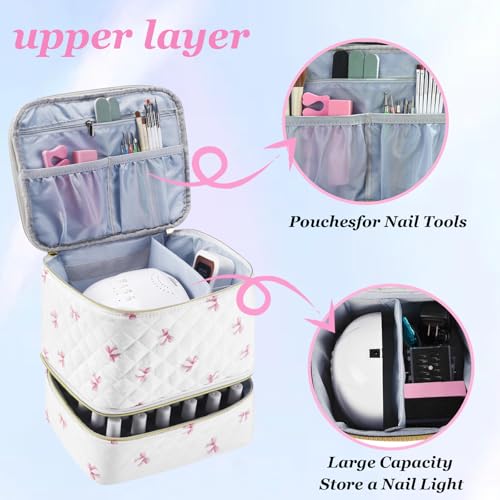 Pink Bow PU Leather Nail Polish Organizer with Nail Lamp Case, Holds 30+ Bottles