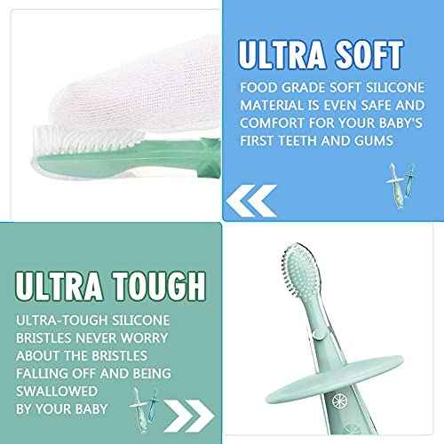 Baby Toothbrush with Suction Base - Gentle Cleaning for Toddler's Self-Brushing Training, Food-Grade Silicone, Extra Soft/Tough Bristles, BPA/Phthalate Free, Anti-chocking/Anti-Fall Design-2 Pack