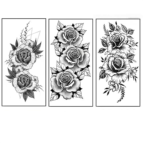 Temporary Tattoo 3 Sheets LargeTemporary Tattoo for Men Women Adults Waterproof Friction Resistant Low Reflective Lasts 5-7 day Theam Blooming roses