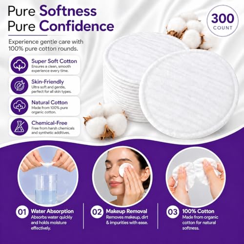 Organic Cotton Makeup Remover Pads 300-Count - Hypoallergenic & Reusable Facial Cleansing Pads
