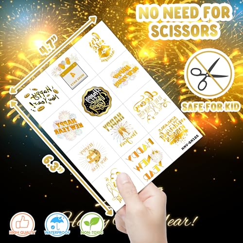 Happy New Year 2026 Temporary Tattoos Stickers ? 96PCS Gold New Year¡¯s Eve Party Favors, Decorations, Countdown Celebration Supplies, Holiday Festival Accessories Gifts for Kids and Adults
