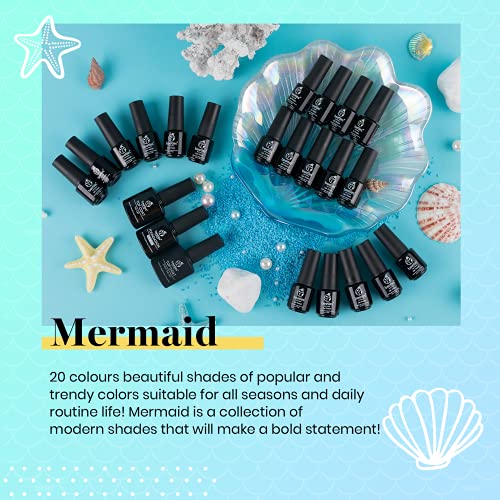 Beetles Summer Mermaid Gel Nail Polish Set, 20 Colors Blue Green Pink Purple Shimmery Glitter Summer Gel Polish Kit with Base Gel Top Coat Nail Art Brushes Soak off Uv Nail Gel Gift for Girls