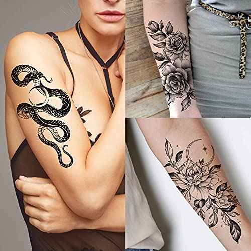 64 Sheets Long Lasting Flower Temporary Fake Tattoos For Women Arm Neck, Jellyfish Sunflower Moon Rose For Adults Girl, 3D Temp Realistic Snake Tatoo Stickers Serpent Peony Floral Kids