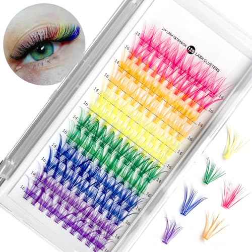 Colored Lash Extension Kit 120 Pcs DIY Lash Clusters Individual 14mm 16mm Mixed 6 Colors Soft False D Curl Eyelashes Rainbow Colorful Cluster Lashes Reusable Fluffy Lash for Women Girls