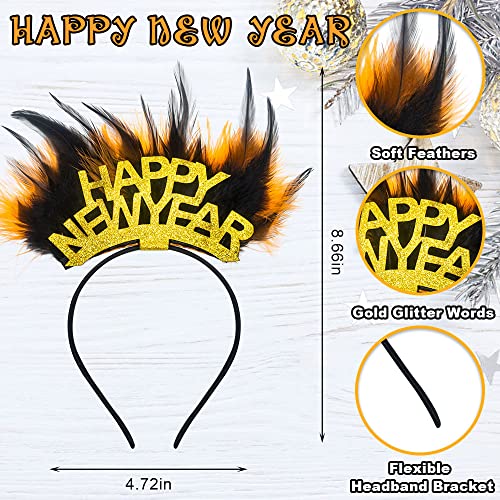 Hying 2025 Happy New Year Feather Headbands Tiara Golden Glitter 2025 New Year Eve Headwear Christmas Holiday Hair Hoops Accessories for 2025 New Year Eve Party Supplies