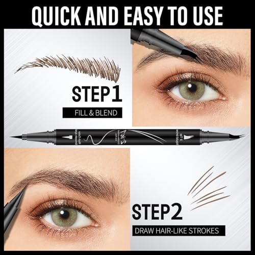 Curved Eyebrow Pencil, 2-in-1 Dual-Ended Eyebrow Pen with Curved Tip and Precise Brush-Tip, Waterproof, Microblading, Long Lasting (Brown)