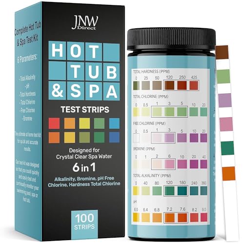 Hot Tub and Pool Test Strips - 6in1 Quick & Accurate Hot Tub, Spa, Pool Test Strips - 100 Water Test Strips, Water Test Kit with E-Book - Test Chlorine, Bromine, pH, Hardness, Alkalinity - JNW Direct