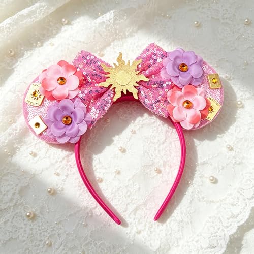 bianbaistar Pink Sun Flower Mouse Ears Headband with Sequin Bow – Stretchy Adult Headband