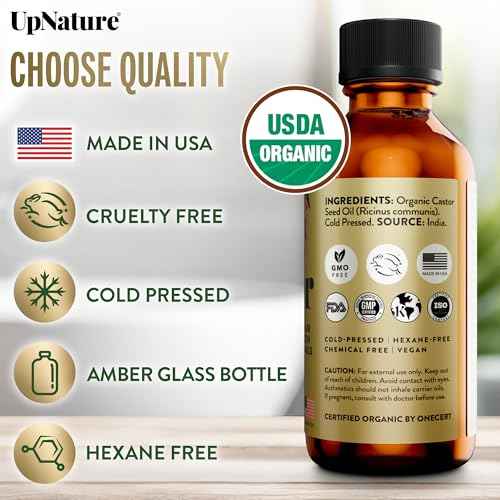 UpNature Organic Castor Oil Lash Serum for Eyelashes and Eyebrows Growth - 100% Pure Cold Pressed Hexane-Free (2oz Glass Bottle)