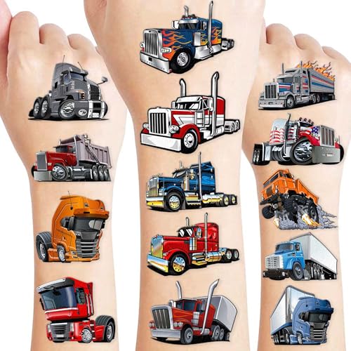 Semi Truck Temporary Tattoos for Kids ? 96+ Big Rig Tattoo Stickers for Boys Girls ? Transportation Theme Birthday Party Favors, Goodie Bag Fillers, Fake Waterproof Tattoos