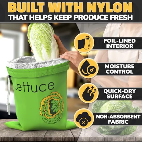 VIKROM Green Reusable Lettuce Keeper with Foil Lining, 13.8x10.6in - Refrigerator Produce Bag