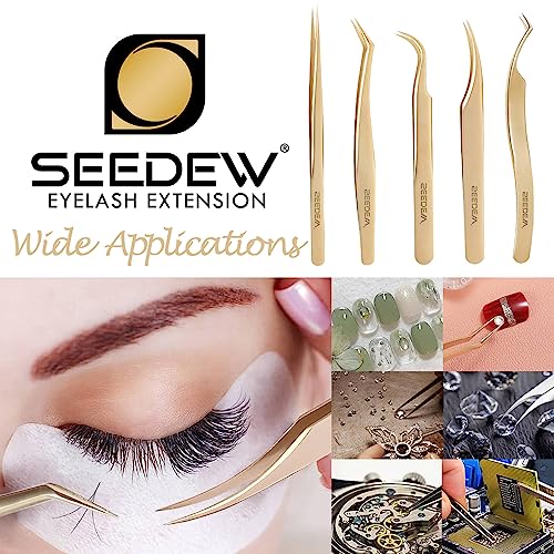 SEEDEW Tweezers Eyelash Extension 5 Pieces Stainless Steel Straight and Curved Professional Set Supplies with a Storage Bag for Lash Tech, Lash Artist Beginner Making Volume Classic Fans(Golden, Pink)