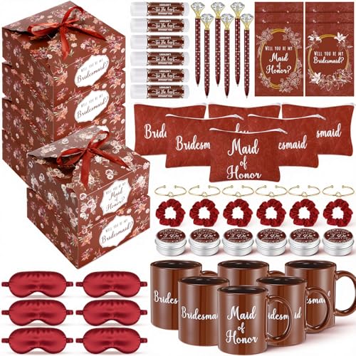 60 Pcs Bridesmaid Proposal Gift Set of 10 - Maid & Matron of Honor Box with Mug Makeup Bag Candle Lip Balm Hair Scrunchie Diamond Pens Bracelet Eye Mask Invitation Cards(Terracotta)