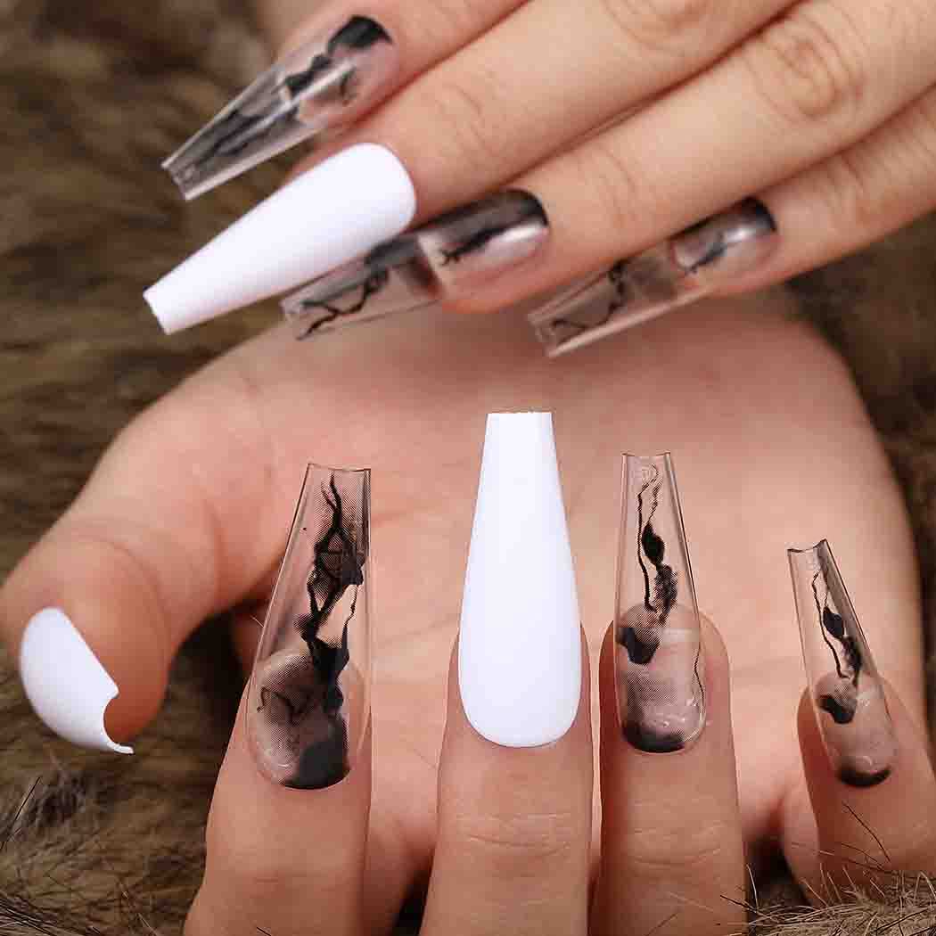 Outyua Glossy Smoke Pattern Fake Nails Coffin Extra Long Press on Nails with Design Ballerina Acrylic Super Long False Nails Designer Full Cover Artificial Nails for Women and Girls 24Pcs (White)