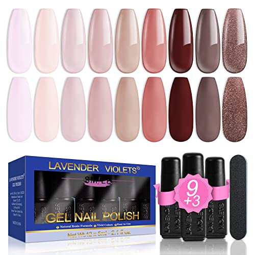 Lavender Violets 13 Pcs Gel Nail Polish Kit with 9 Colors Coat, 3 Bottles of Base Top Matt Top Coat and Nail File for Soak-off UV LED Nail Polish Design C962A