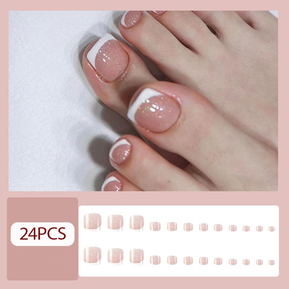 WAFOLOZE Press on Toenails Fake Toe Nails,Short Toe Nail Press ons,Glossy Toe Nails Press on Designs,Artificial Toenail Press on nails White French Tip Toe Nails for Women 24Pcs (D)