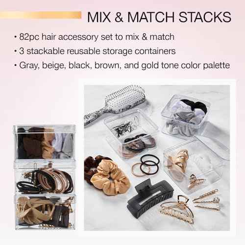 Scunci by Conair 82 Piece hair accessory kit - hair accessories for women - neutral colors- 3 stackable containers
